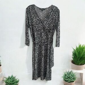 Briggs New York Dress PM Petite Black White Floral Faux Wrap Midi Made in USA